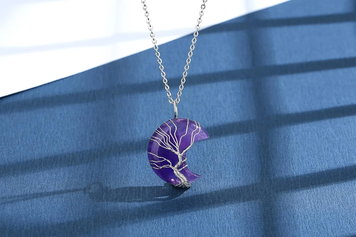 MAIBAOTA Healing Crystal Necklace, Tree Life Wire Wrapped Crescent Moon Necklace, Natural Stone Pendant Necklaces, Mothers Day Gifts for Mom, Gemstone Jewelry Gifts for Women