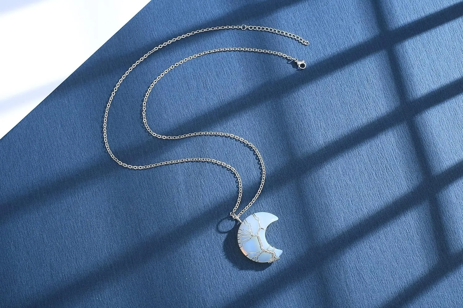 MAIBAOTA Healing Crystal Necklace, Tree Life Wire Wrapped Crescent Moon Necklace, Natural Stone Pendant Necklaces, Mothers Day Gifts for Mom, Gemstone Jewelry Gifts for Women