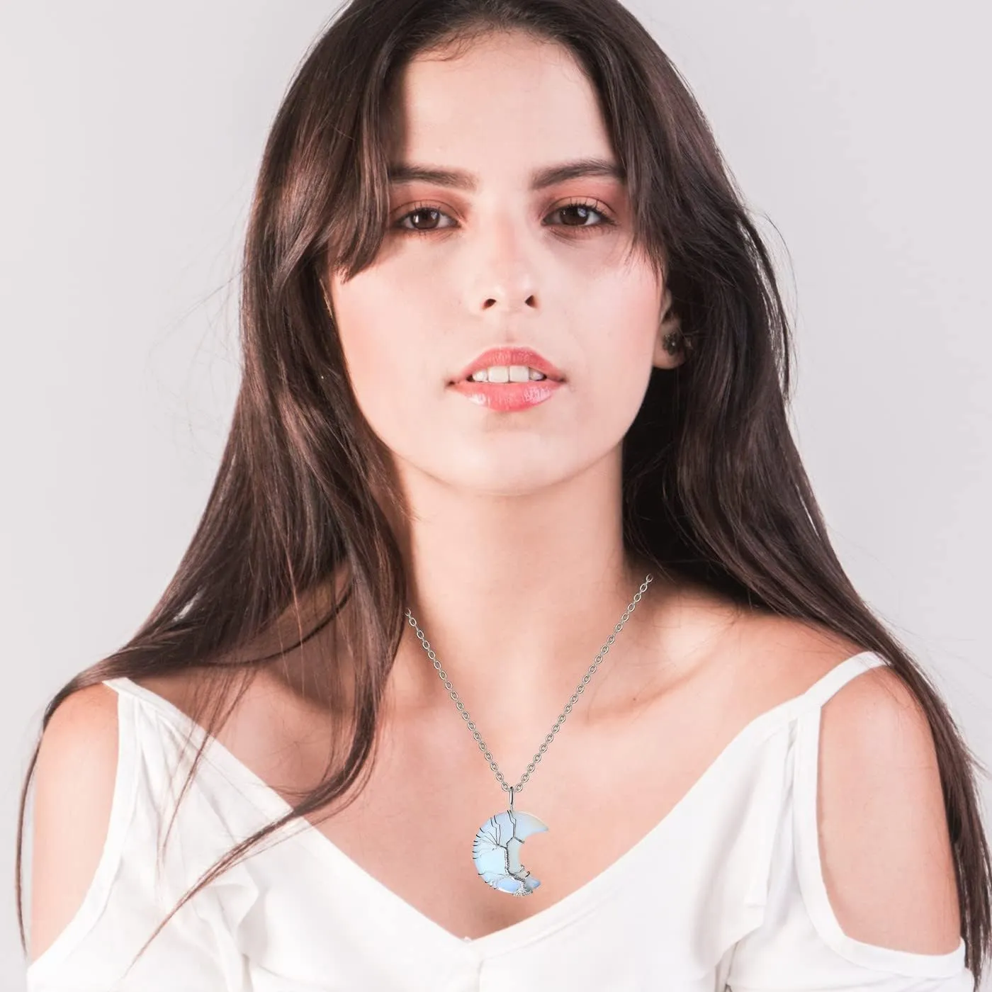 MAIBAOTA Healing Crystal Necklace, Tree Life Wire Wrapped Crescent Moon Necklace, Natural Stone Pendant Necklaces, Mothers Day Gifts for Mom, Gemstone Jewelry Gifts for Women