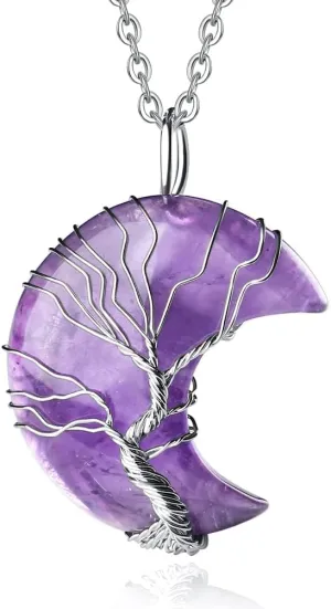 MAIBAOTA Healing Crystal Necklace, Tree Life Wire Wrapped Crescent Moon Necklace, Natural Stone Pendant Necklaces, Mothers Day Gifts for Mom, Gemstone Jewelry Gifts for Women