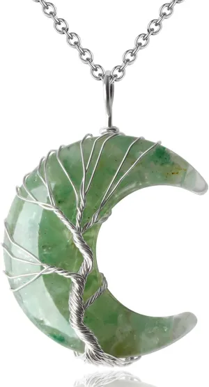 MAIBAOTA Healing Crystal Necklace, Tree Life Wire Wrapped Crescent Moon Necklace, Natural Stone Pendant Necklaces, Mothers Day Gifts for Mom, Gemstone Jewelry Gifts for Women
