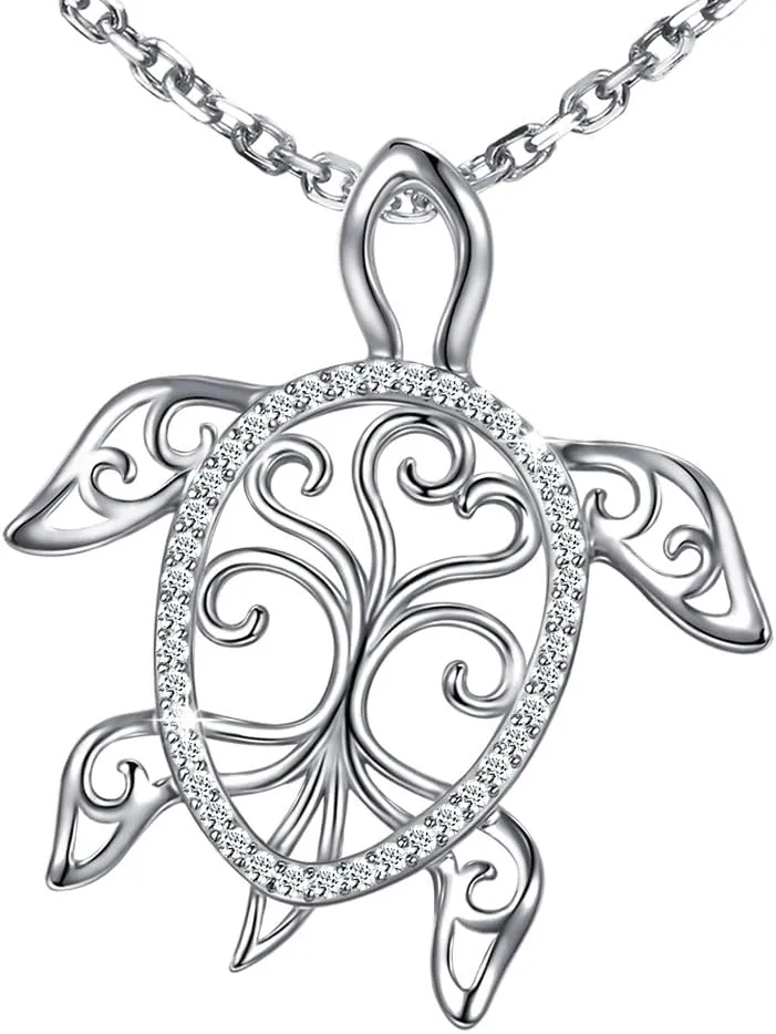 MANBU Sterling Silver Sea Turtle Necklace Tree of Life Tortoise Abalone Pendant Holiday Beachy Jewelry Gift for Women Mom Ocean Lover