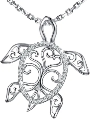 MANBU Sterling Silver Sea Turtle Necklace Tree of Life Tortoise Abalone Pendant Holiday Beachy Jewelry Gift for Women Mom Ocean Lover