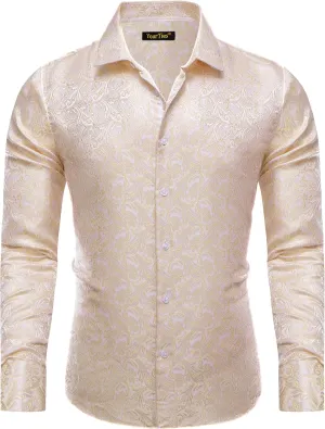 Mens Dress Shirt Silk Long Sleeve Button Up Shirts Retro Floral Tuxedo Shirts for Wedding Party Events