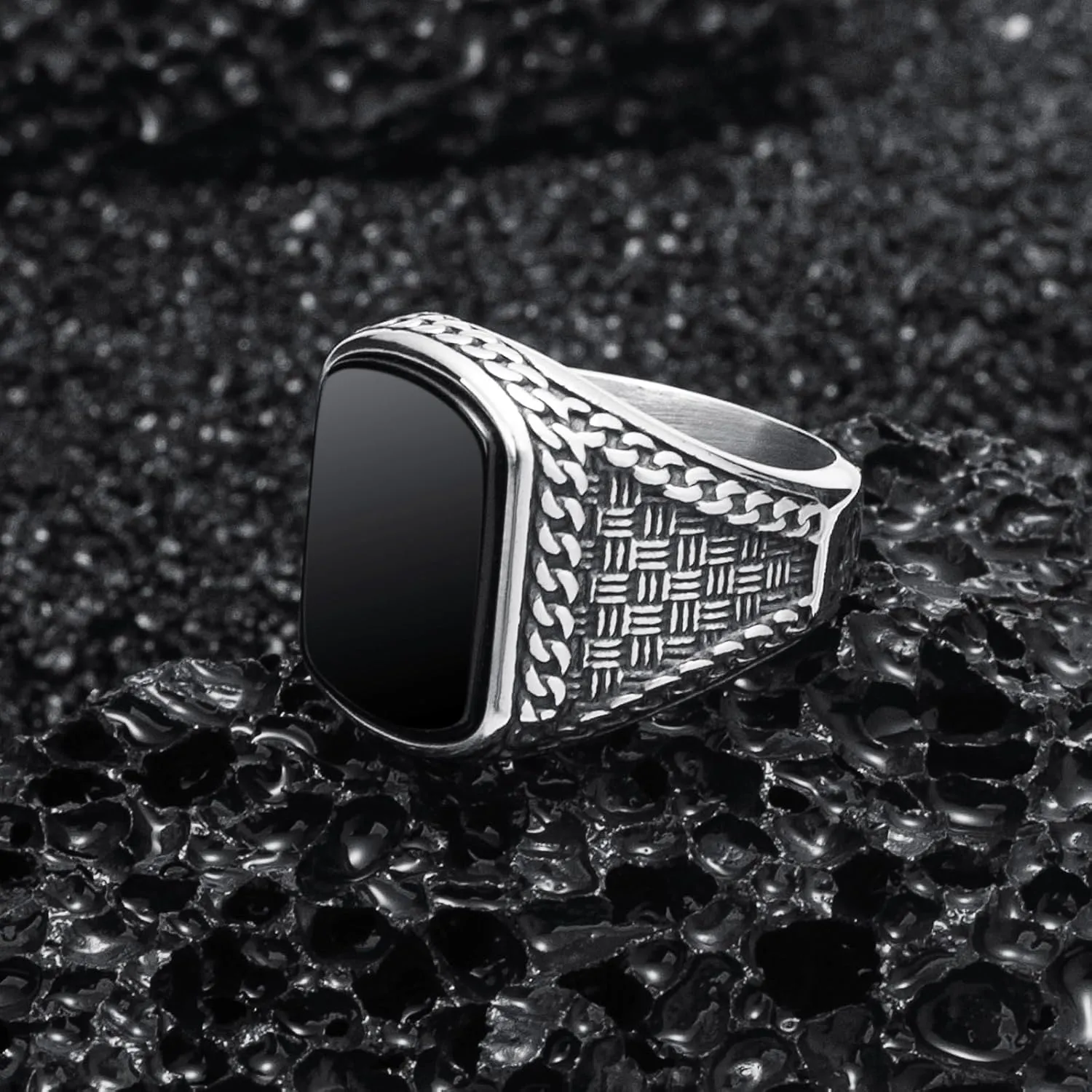 Mens Onyx Ring,Stainless Steel Signet Rings for Men,Black Onyx Agate Gemstone Rings Jewelry for Men Size 8-13