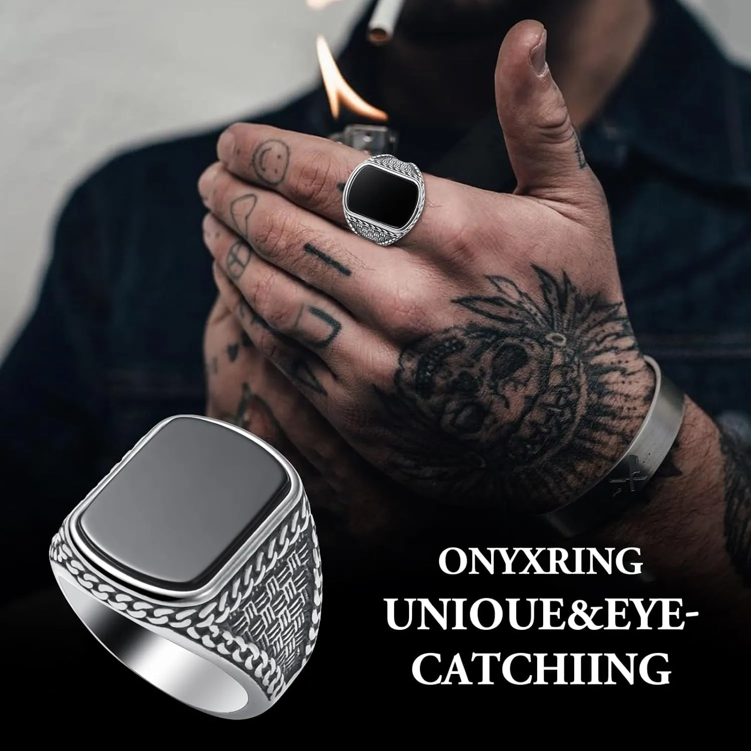 Mens Onyx Ring,Stainless Steel Signet Rings for Men,Black Onyx Agate Gemstone Rings Jewelry for Men Size 8-13