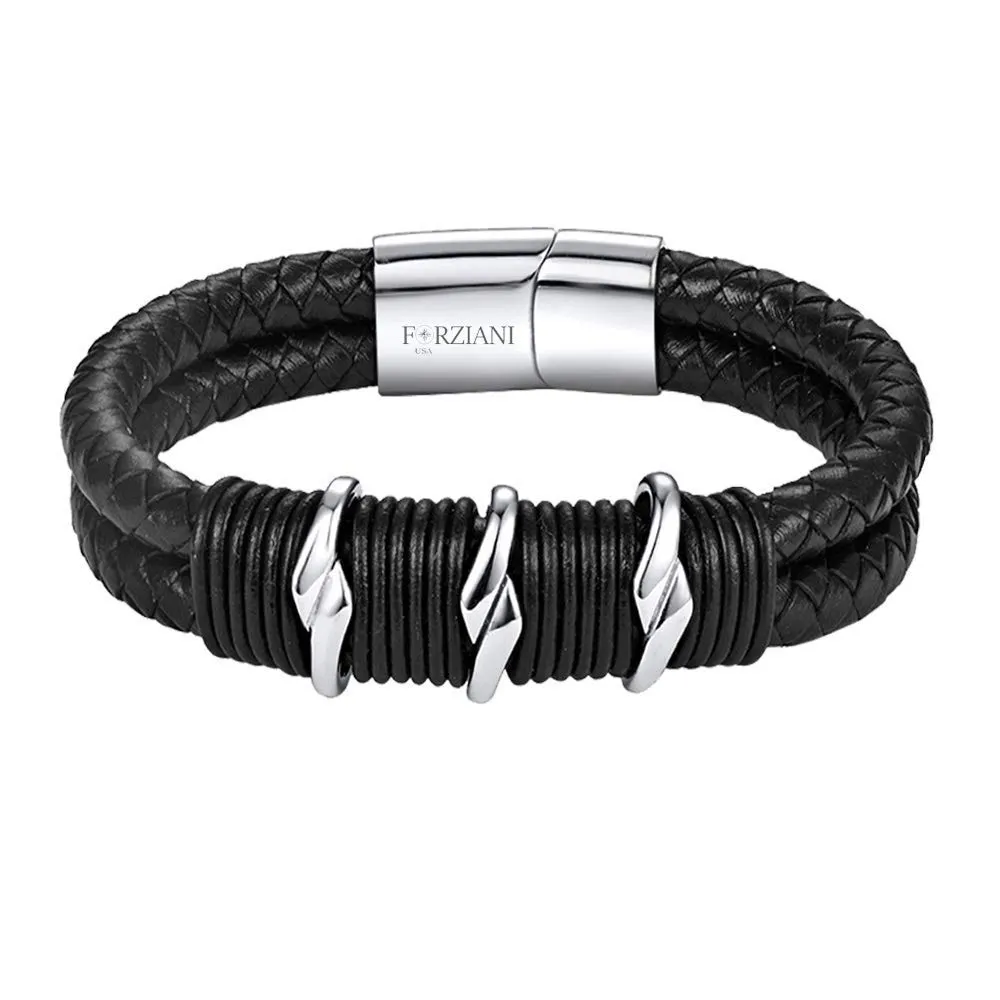 Mens Premium Black Nappa Leather Bracelet - Genuine Braided Leather Bracelet with Stainless Steel Clasp - Size Large - Gift Packaging Included - Premium Mens Gift