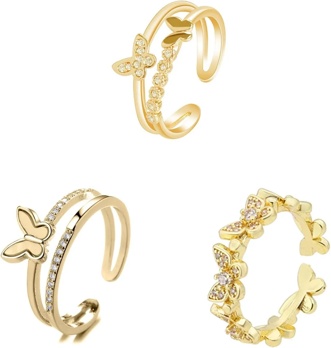 MIFYNN 3Pcs Cute Butterfly Rings For Women, Dainty Crystal Butterfly Rings Set Adjustable Crystal Butterfly Knuckle Ring Double Butterfly Ring