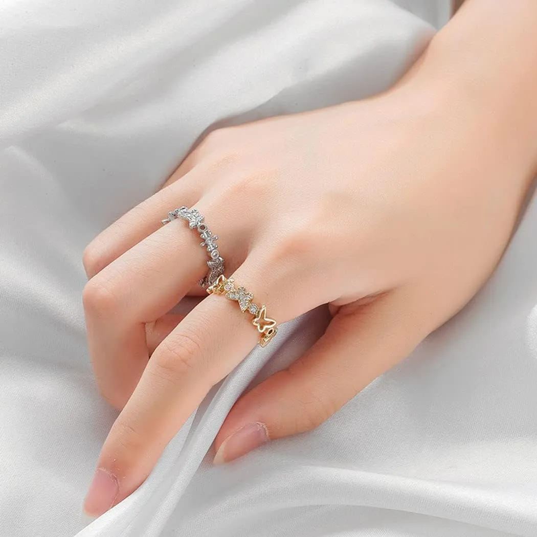 MIFYNN 3Pcs Cute Butterfly Rings For Women, Dainty Crystal Butterfly Rings Set Adjustable Crystal Butterfly Knuckle Ring Double Butterfly Ring