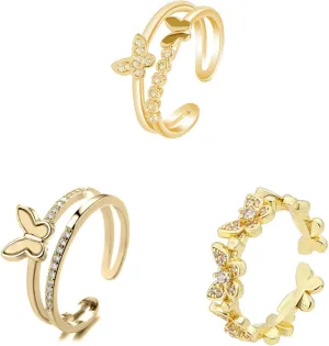 MIFYNN 3Pcs Cute Butterfly Rings For Women, Dainty Crystal Butterfly Rings Set Adjustable Crystal Butterfly Knuckle Ring Double Butterfly Ring