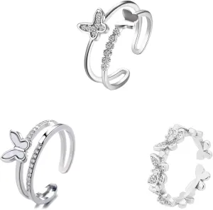 MIFYNN 3Pcs Cute Butterfly Rings For Women, Dainty Crystal Butterfly Rings Set Adjustable Crystal Butterfly Knuckle Ring Double Butterfly Ring