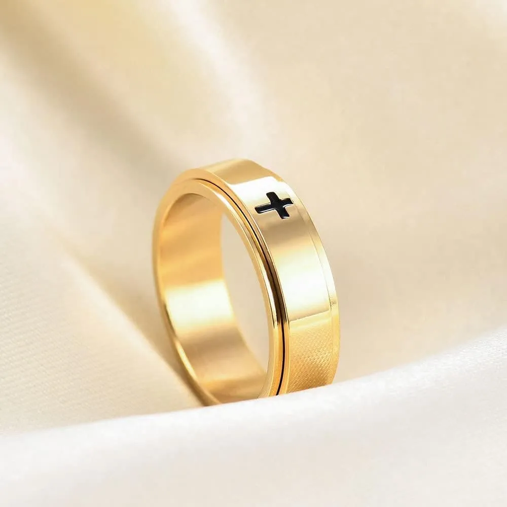 Minimalist Cross Christian Jesus Christ Lord Prayer Rotating Stress Relief Spinner Fidget Band Rings for Men Women Finger Stainless Steel Fashion Ring Couple Birthday Valentine's Day Gift (Gold)