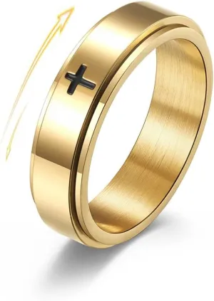 Minimalist Cross Christian Jesus Christ Lord Prayer Rotating Stress Relief Spinner Fidget Band Rings for Men Women Finger Stainless Steel Fashion Ring Couple Birthday Valentine's Day Gift (Gold)