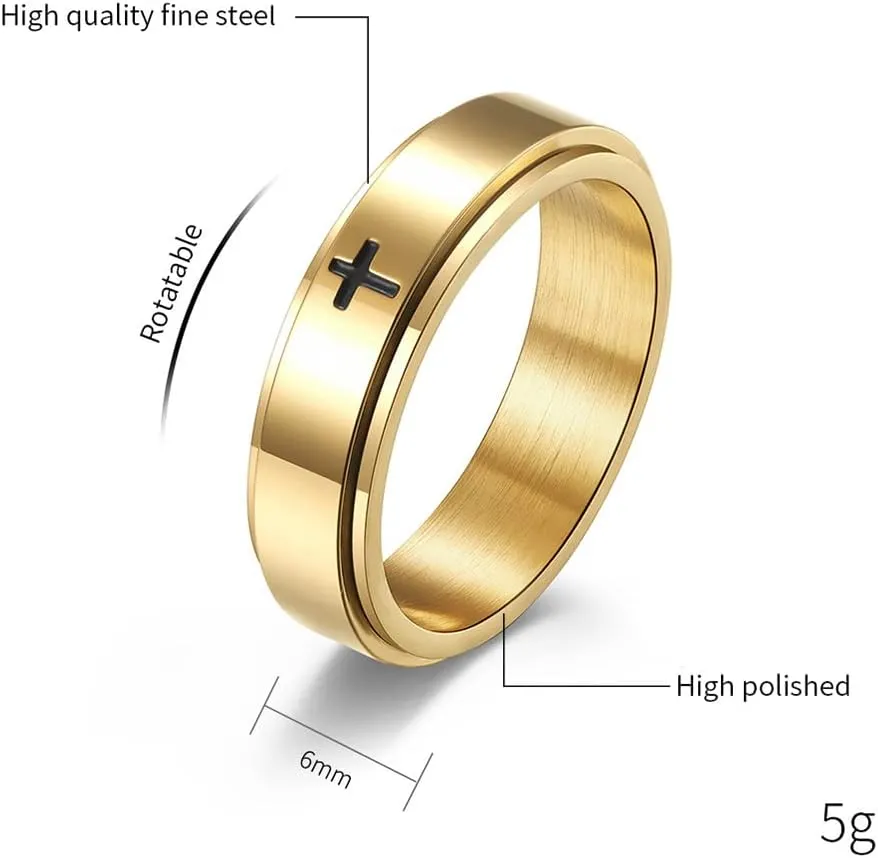 Minimalist Cross Christian Jesus Christ Lord Prayer Rotating Stress Relief Spinner Fidget Band Rings for Men Women Finger Stainless Steel Fashion Ring Couple Birthday Valentine's Day Gift (Gold)
