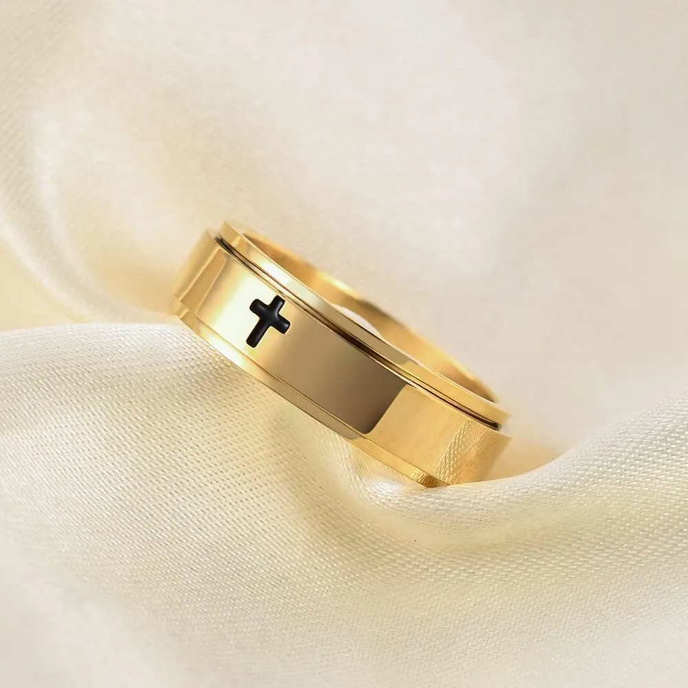 Minimalist Cross Christian Jesus Christ Lord Prayer Rotating Stress Relief Spinner Fidget Band Rings for Men Women Finger Stainless Steel Fashion Ring Couple Birthday Valentine's Day Gift (Gold)