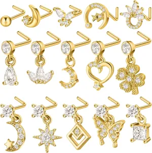 Misdary 15 Pcs Nose Rings l Shape Nose Ring Dangling Studs Flower Stainless Steel Piercing Jewelry for Women