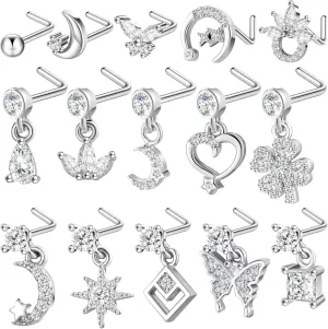 Misdary 15 Pcs Nose Rings l Shape Nose Ring Dangling Studs Flower Stainless Steel Piercing Jewelry for Women
