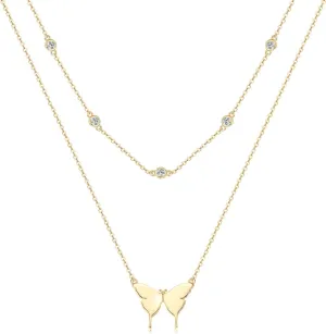 Moissanite Butterfly Pendant Necklace for Women, D Color VVS1 Simulated Round Cut Diamond 14K Yellow Gold Plated 925 Sterling Silver Double Layers Necklaces Jewelry Christmas Anniversary Birthday Thanksgiving Gifts