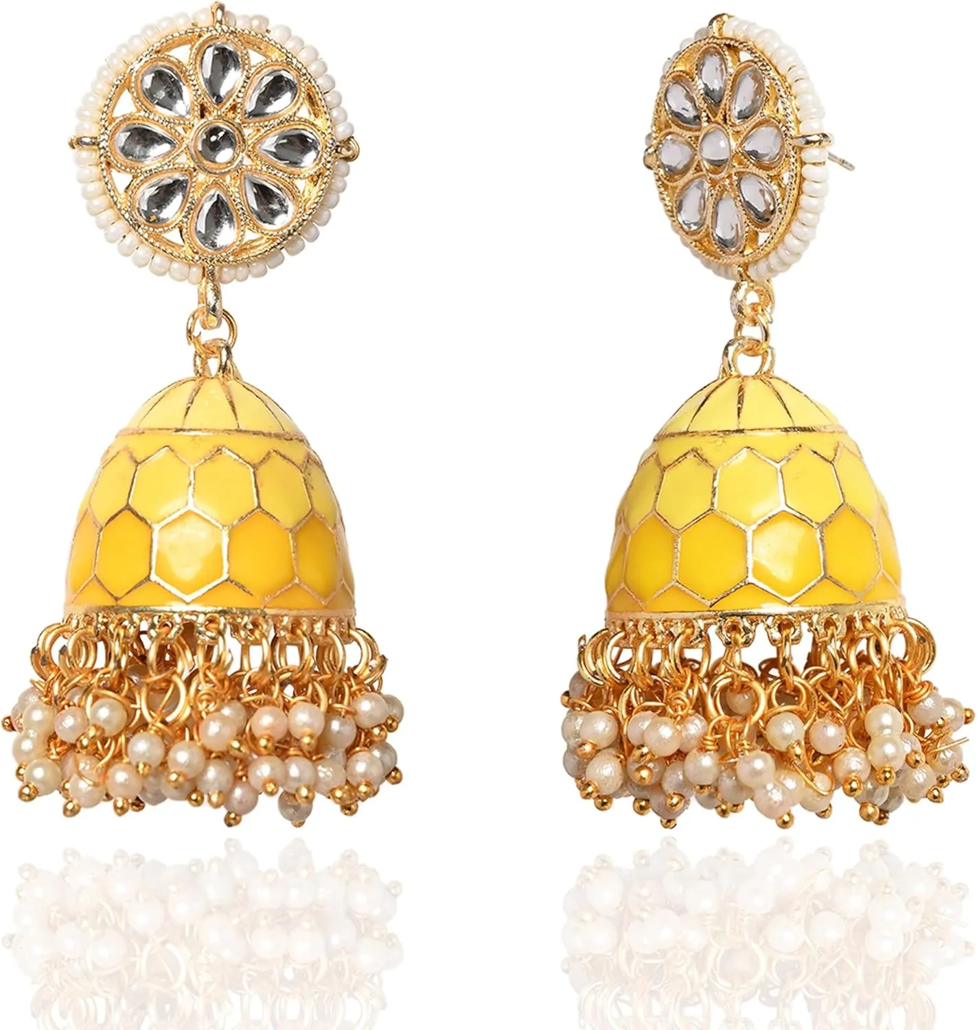 Moonstruck Traditional Indian Dome Shaped Golden Jhumka/Jhumki Earrings with Meenakari & Pearls for Women (Yellow)
