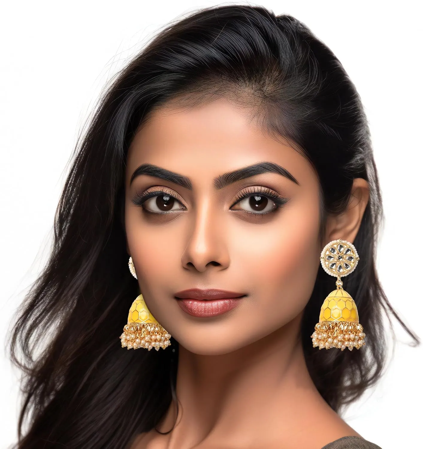 Moonstruck Traditional Indian Dome Shaped Golden Jhumka/Jhumki Earrings with Meenakari & Pearls for Women (Yellow)