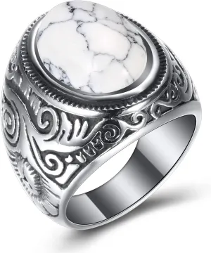 MYNENEY Retro Vintage Stone Rings for Men Turquoise Rings Stainless Steel Signet Biker Band