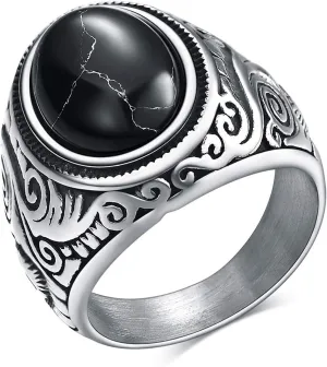 MYNENEY Retro Vintage Stone Rings for Men Turquoise Rings Stainless Steel Signet Biker Band