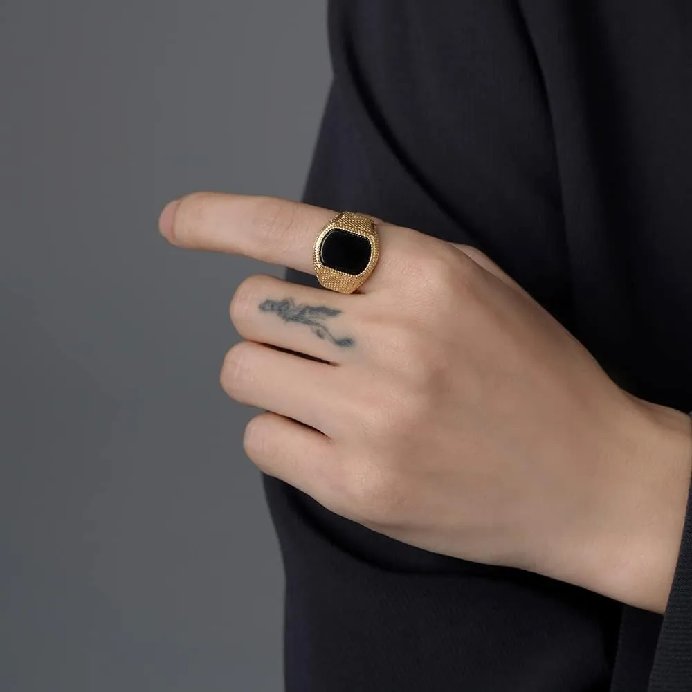 MYNENEY Retro Vintage Stone Rings for Men Turquoise Rings Stainless Steel Signet Biker Band