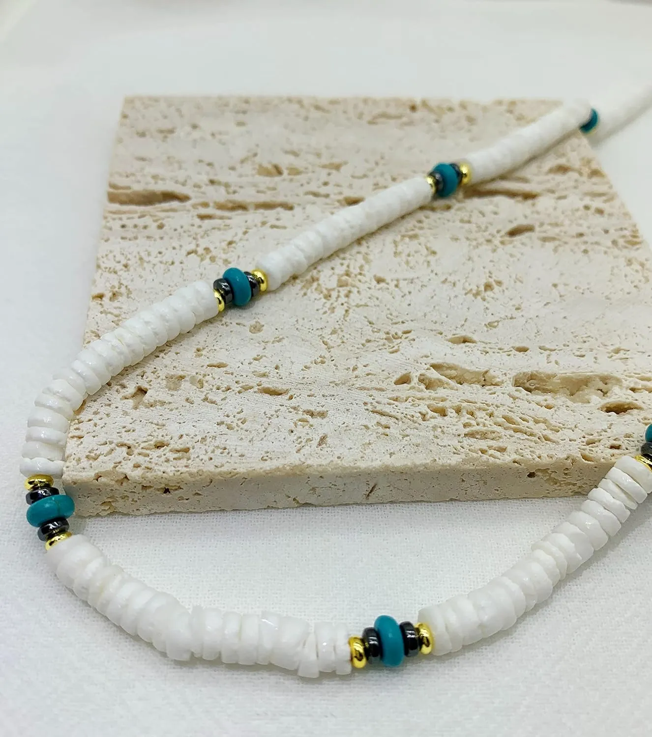 Natural Puka White Shells Necklace with Coconut Wood Beads for Men Women Surfer Tropical Beach Chips Puka Shell Necklace Holiday Vacation Round Hawaiian Surfer Jewelry VSCO Girl Stuff Adjustable (16inch)
