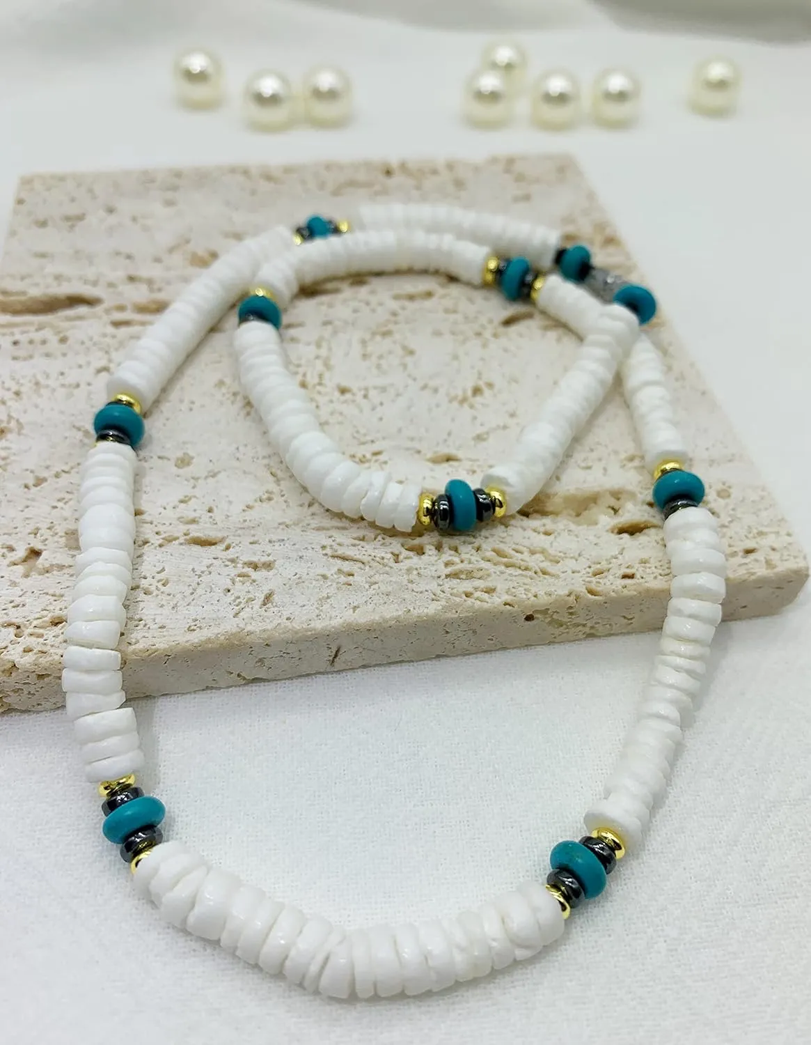 Natural Puka White Shells Necklace with Coconut Wood Beads for Men Women Surfer Tropical Beach Chips Puka Shell Necklace Holiday Vacation Round Hawaiian Surfer Jewelry VSCO Girl Stuff Adjustable (16inch)