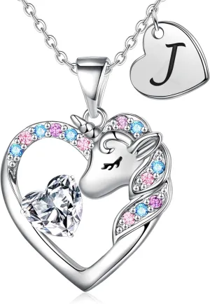 Necklace for Girls Kids Gifts - Colorful CZ Heart Initial Necklaces Unicorn Necklace for Girls Jewelry Birthday Graduation Gifts for Little Girl Kids