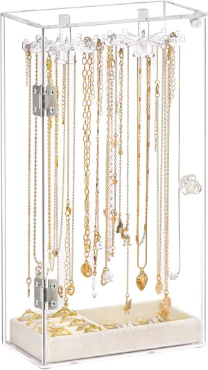 Necklace Holder, Acrylic Necklace Organizer, Rotatable Clear Jewelry Holder Organizer Display Case for Long Necklaces Pendant Bracelets, Jewelry Holder Box with Velvet Tray for Rings Earrings