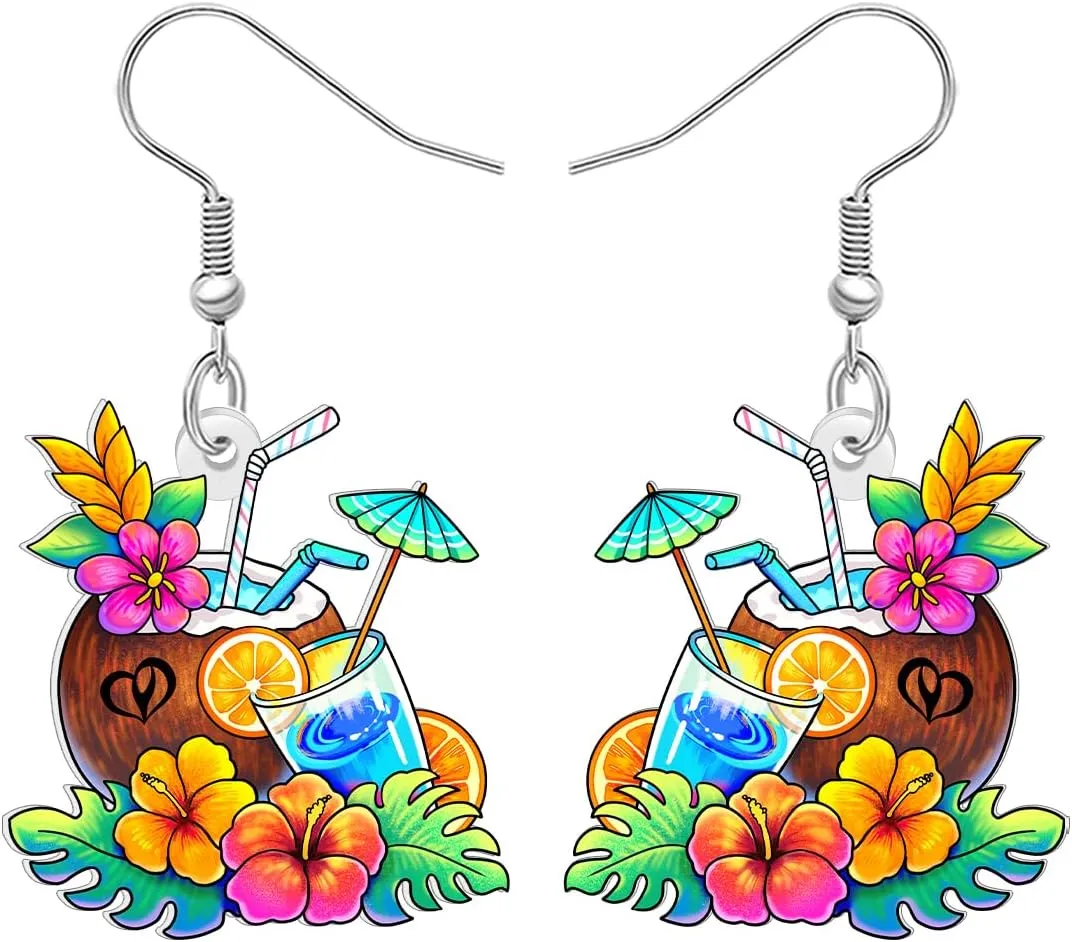 NEWEI Acrylic Fun Hawaiian Island Theme Charm Tropical Coconut Palm Tree Dangle Earrings Cute Sea Animal Crab Dangling Earrings Summer Jewelry Beach Gifts for Women Vacation Holiday Party