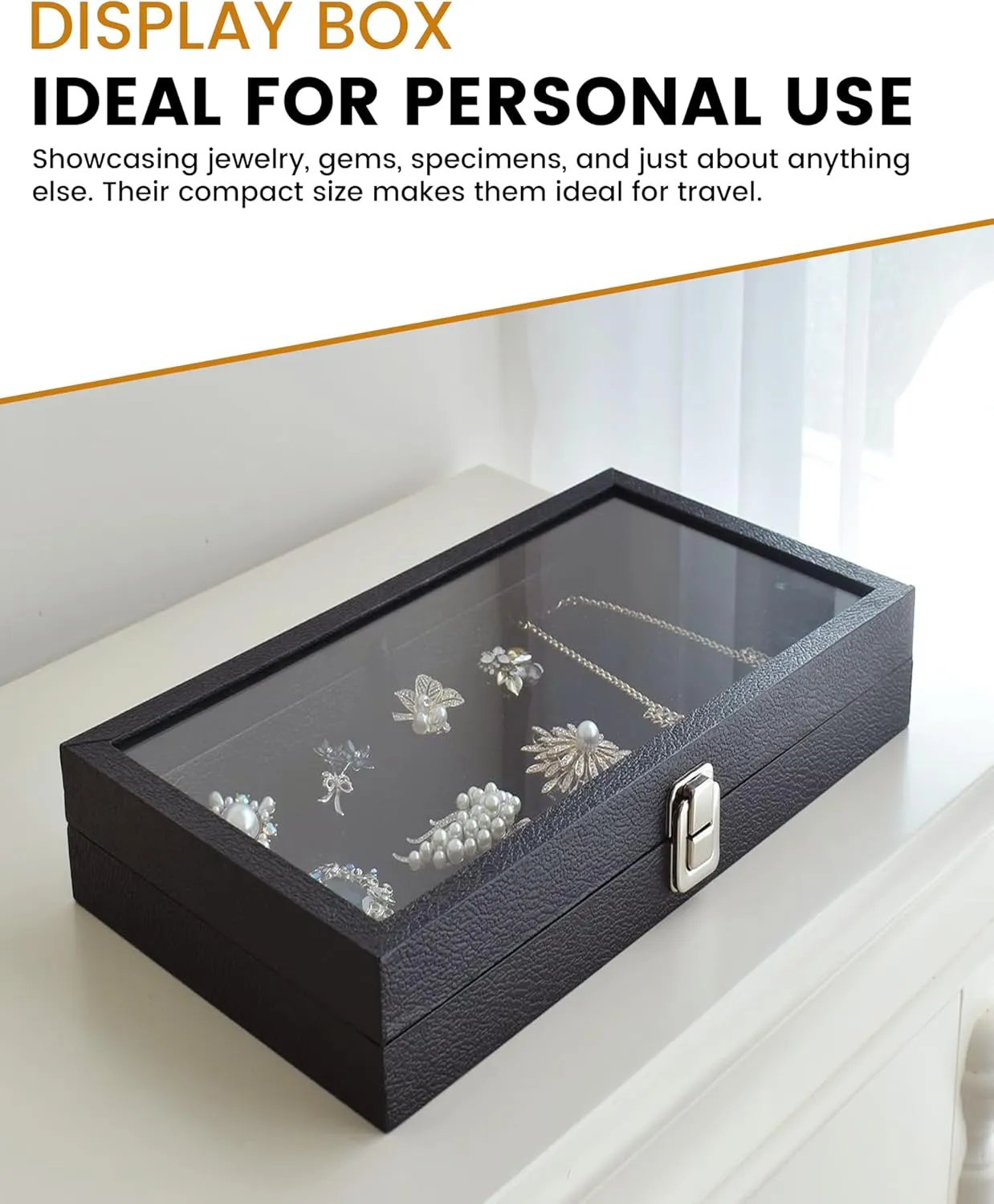 Novel Box Jewelry Display Case Black Leatherette 14.75x8.25x2.1 Large Glass Jewelry Box with Lid | Display Cases for Collectibles | Rock Collection Box with Metal Clasp | Gem Display Case