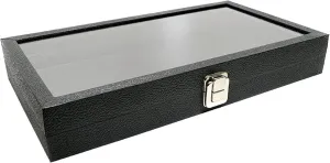 Novel Box Jewelry Display Case Black Leatherette 14.75x8.25x2.1 Large Glass Jewelry Box with Lid | Display Cases for Collectibles | Rock Collection Box with Metal Clasp | Gem Display Case