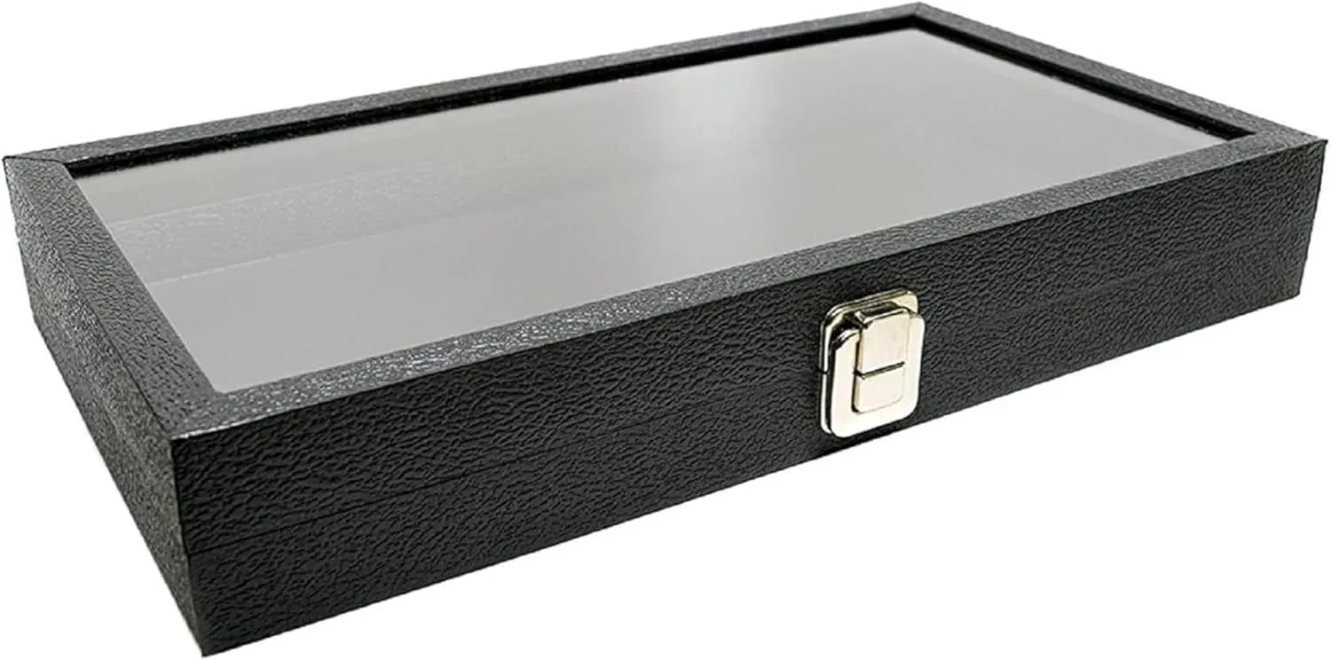 Novel Box Jewelry Display Case Black Leatherette 14.75x8.25x2.1 Large Glass Jewelry Box with Lid | Display Cases for Collectibles | Rock Collection Box with Metal Clasp | Gem Display Case