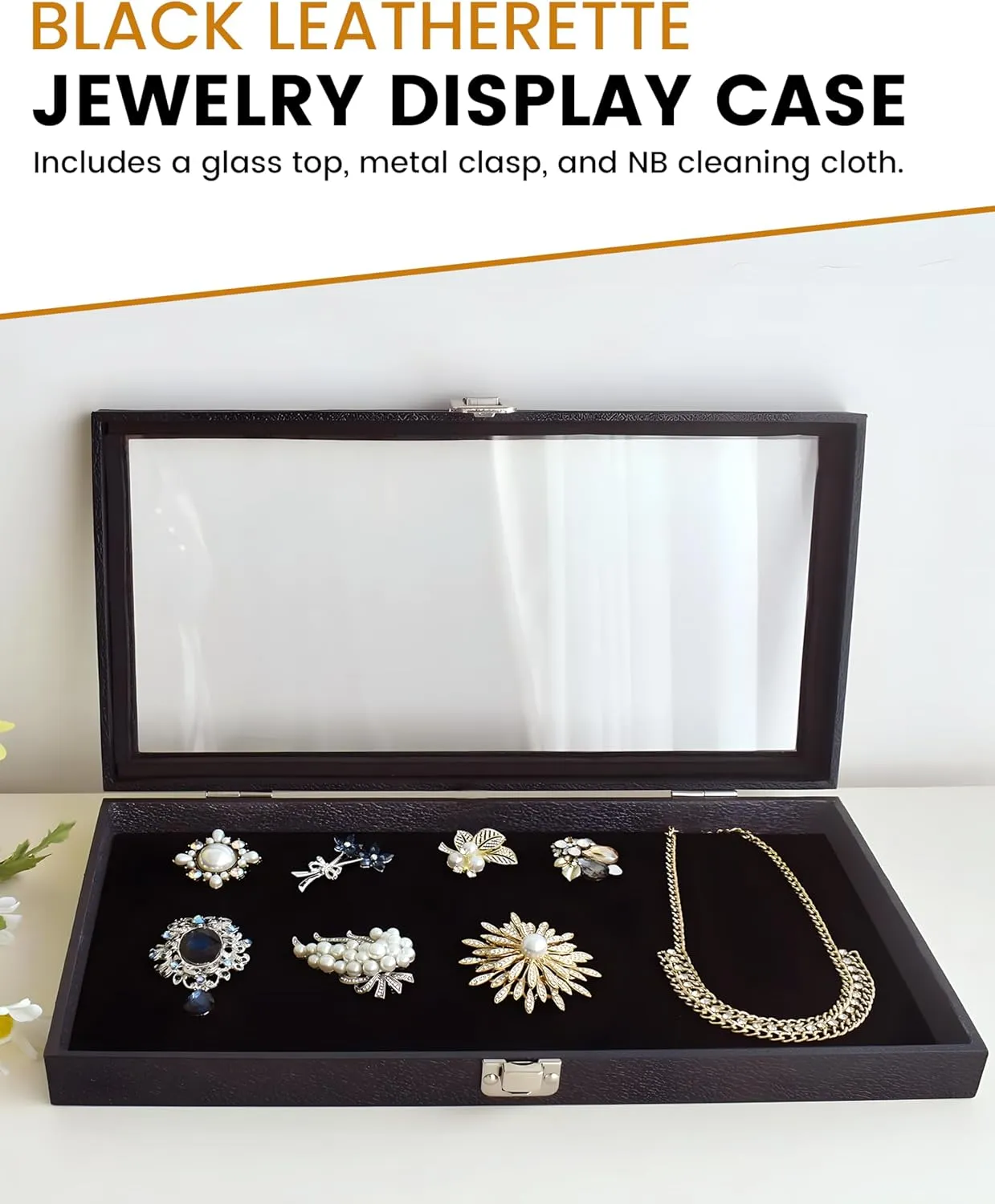 Novel Box Jewelry Display Case Black Leatherette 14.75x8.25x2.1 Large Glass Jewelry Box with Lid | Display Cases for Collectibles | Rock Collection Box with Metal Clasp | Gem Display Case