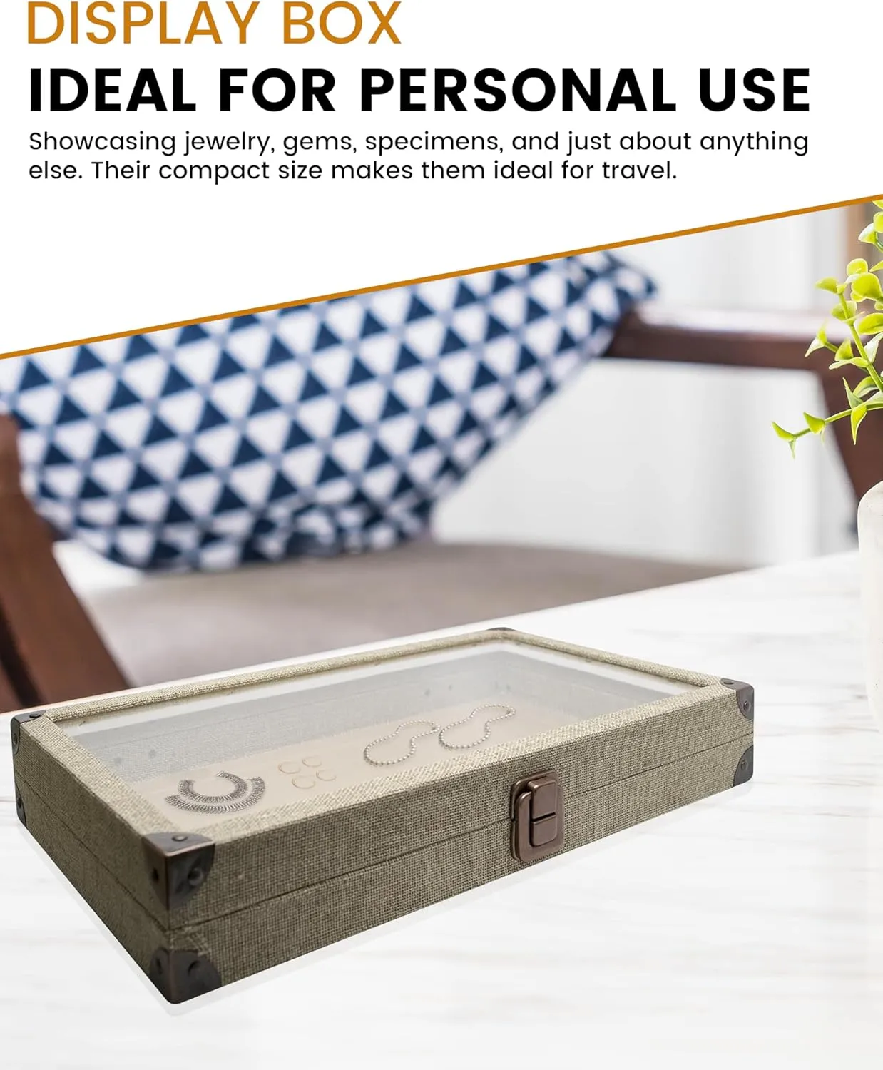 Novel Box Jewelry Display Case Burlap Dark Beige 14.75x8.25x2.1 Large Glass Jewelry Box with Lid - Display Cases for Collectibles - Rock Collection Box with Metal Clasp - Gem Display Case