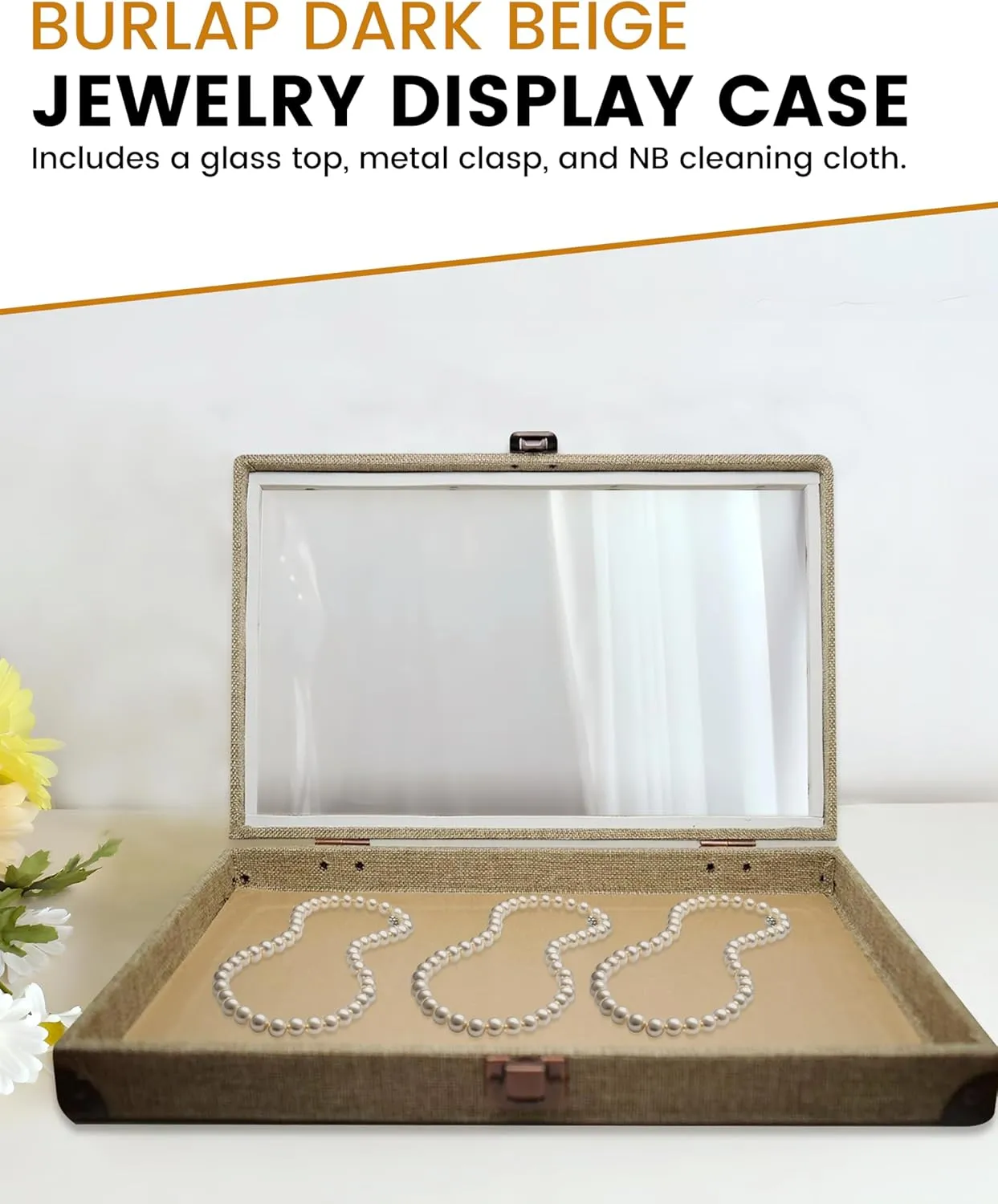 Novel Box Jewelry Display Case Burlap Dark Beige 14.75x8.25x2.1 Large Glass Jewelry Box with Lid - Display Cases for Collectibles - Rock Collection Box with Metal Clasp - Gem Display Case
