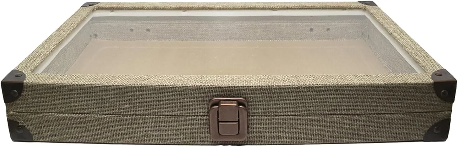 Novel Box Jewelry Display Case Burlap Dark Beige 14.75x8.25x2.1 Large Glass Jewelry Box with Lid - Display Cases for Collectibles - Rock Collection Box with Metal Clasp - Gem Display Case