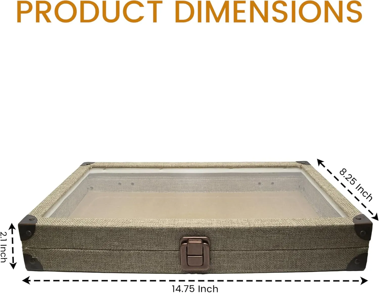 Novel Box Jewelry Display Case Burlap Dark Beige 14.75x8.25x2.1 Large Glass Jewelry Box with Lid - Display Cases for Collectibles - Rock Collection Box with Metal Clasp - Gem Display Case