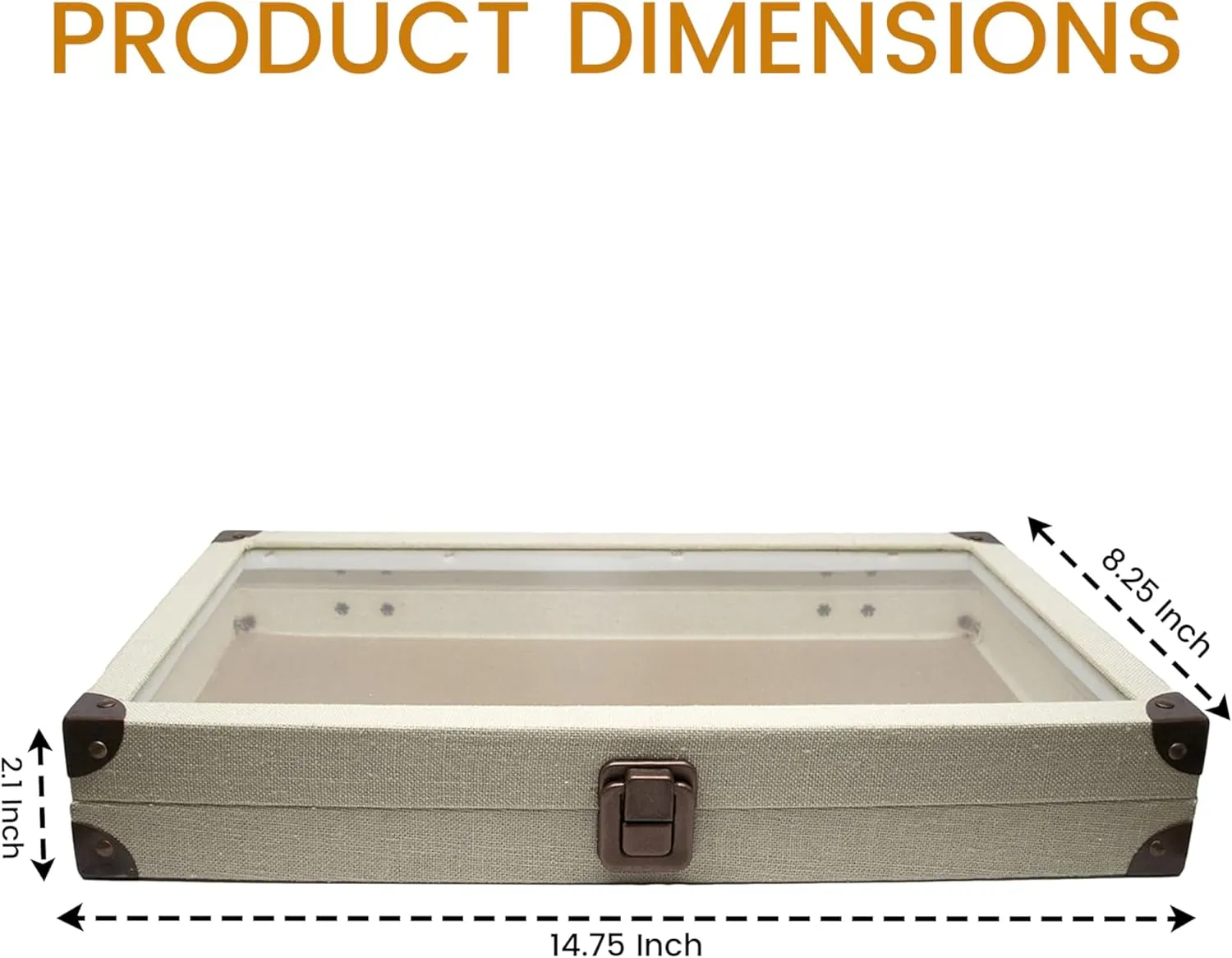 Novel Box Jewelry Display Case Linen Light Beige 14.75x8.25x2.1 Large Glass Jewelry Box with Lid - Display Cases for Collectibles - Rock Collection Box with Metal Clasp - Gem Display Case