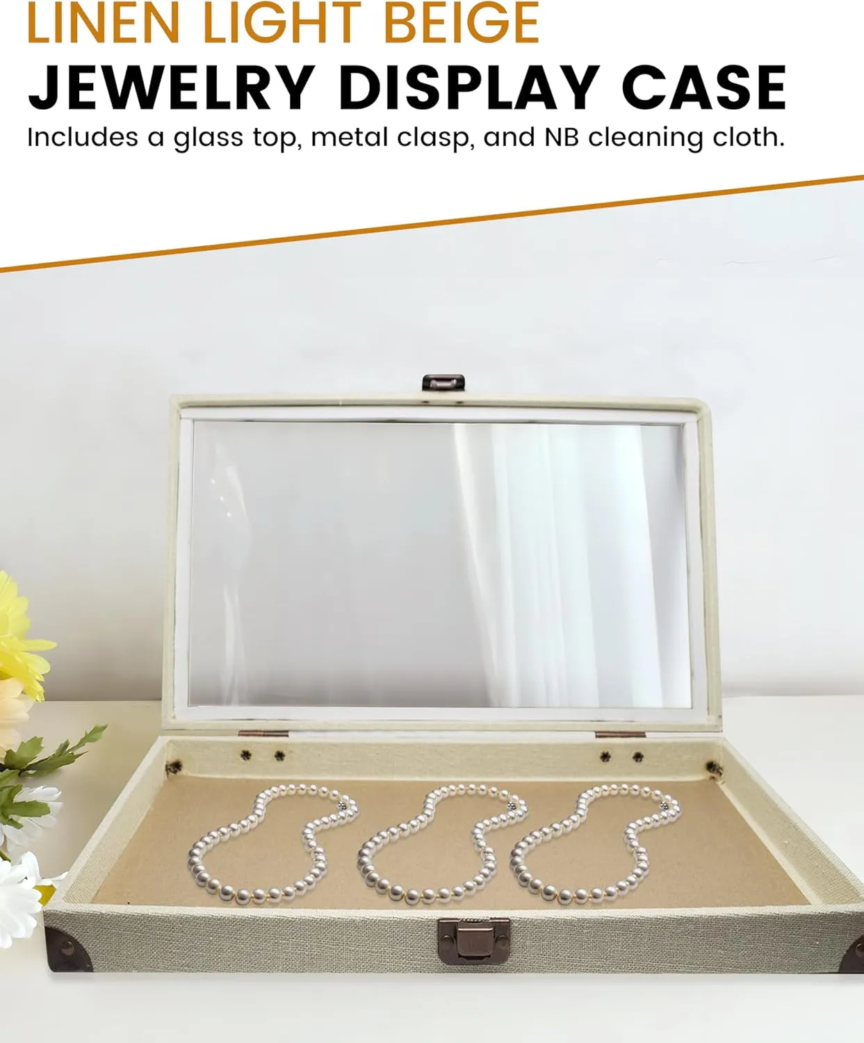 Novel Box Jewelry Display Case Linen Light Beige 14.75x8.25x2.1 Large Glass Jewelry Box with Lid - Display Cases for Collectibles - Rock Collection Box with Metal Clasp - Gem Display Case