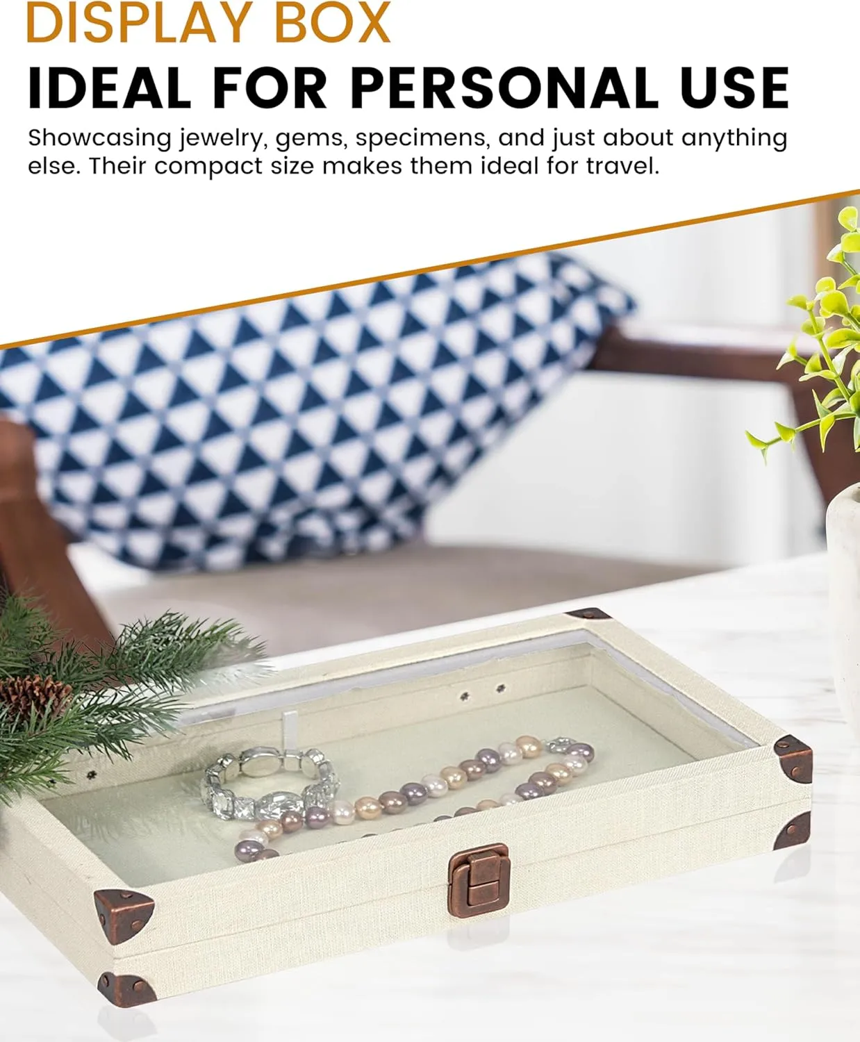 Novel Box Jewelry Display Case Linen Light Beige 14.75x8.25x2.1 Large Glass Jewelry Box with Lid - Display Cases for Collectibles - Rock Collection Box with Metal Clasp - Gem Display Case