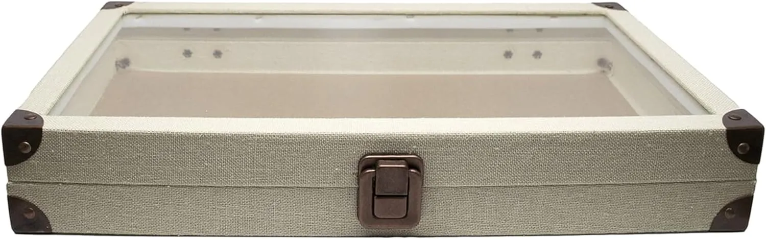 Novel Box Jewelry Display Case Linen Light Beige 14.75x8.25x2.1 Large Glass Jewelry Box with Lid - Display Cases for Collectibles - Rock Collection Box with Metal Clasp - Gem Display Case