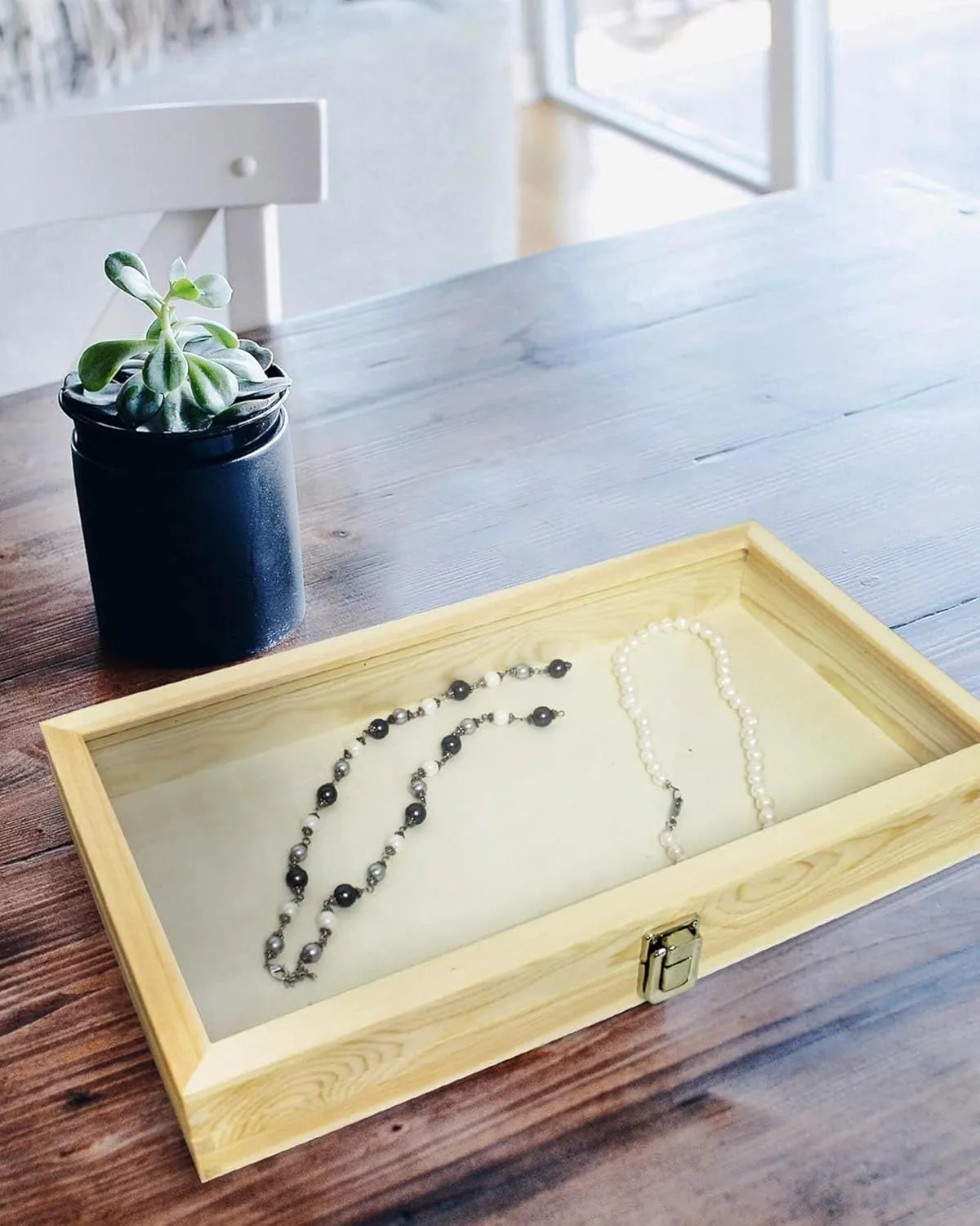 Novel Box Jewelry Display Case Wood 14.75x8.25x2.1 Large Glass Jewelry Box with Lid - Display Cases for Collectibles - Rock Collection Box with Metal Clasp - Gem Display Case