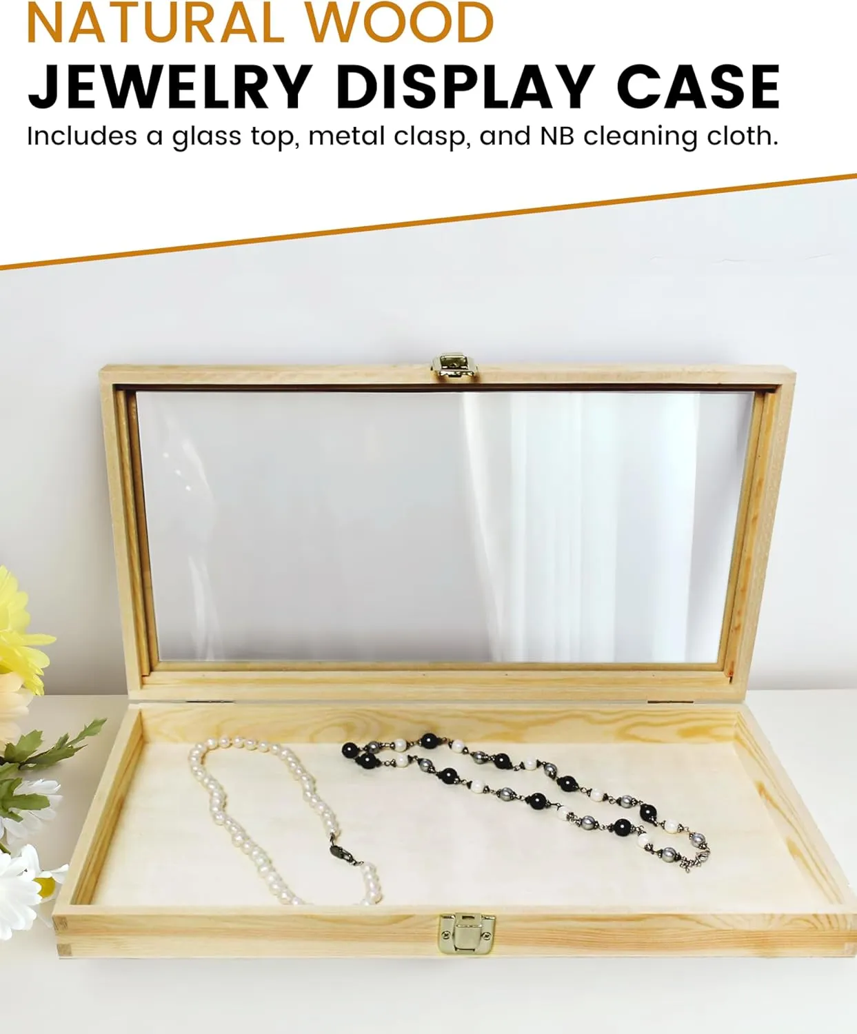 Novel Box Jewelry Display Case Wood 14.75x8.25x2.1 Large Glass Jewelry Box with Lid - Display Cases for Collectibles - Rock Collection Box with Metal Clasp - Gem Display Case