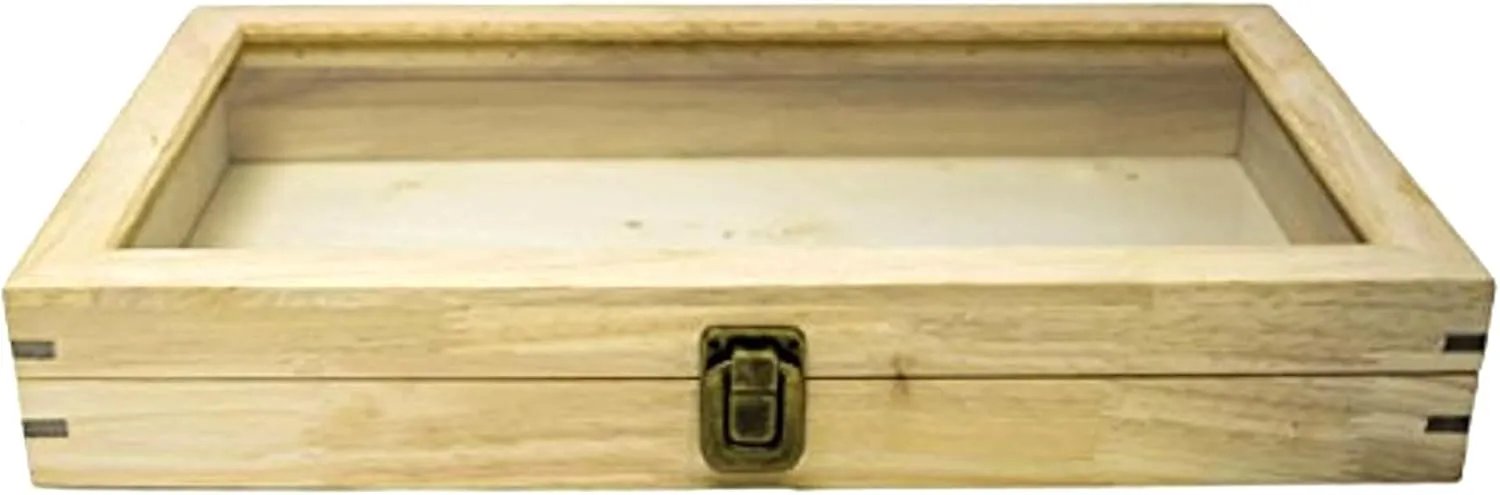 Novel Box Jewelry Display Case Wood 14.75x8.25x2.1 Large Glass Jewelry Box with Lid - Display Cases for Collectibles - Rock Collection Box with Metal Clasp - Gem Display Case