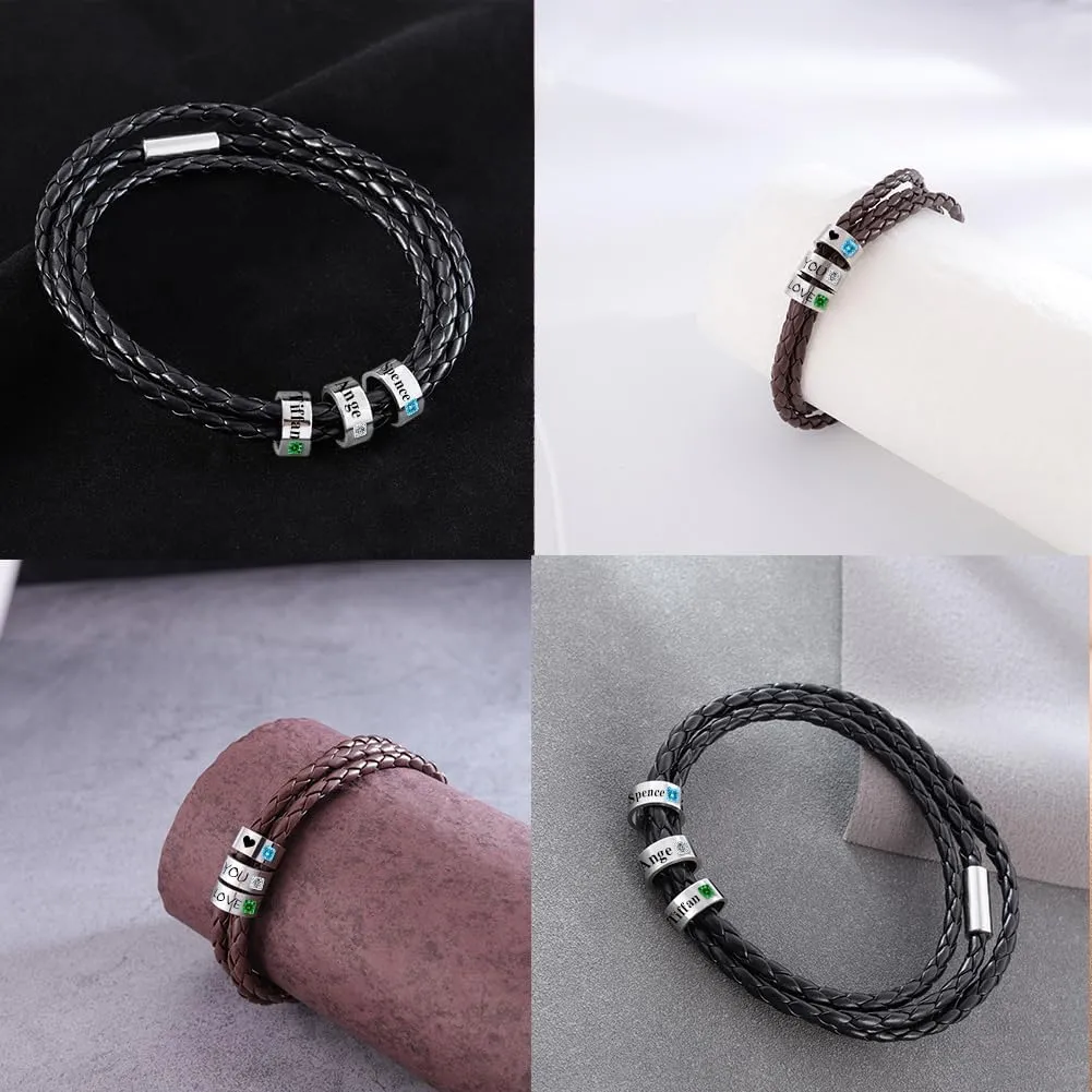 Novgarden Fathers Day Dad Bracelet Custom Leather Bracelet with Kids Names & Beads Personalized Mens Engraved Bracelets Gifts for Father's Day, Valentines Day, Anniversary from Daughter Son