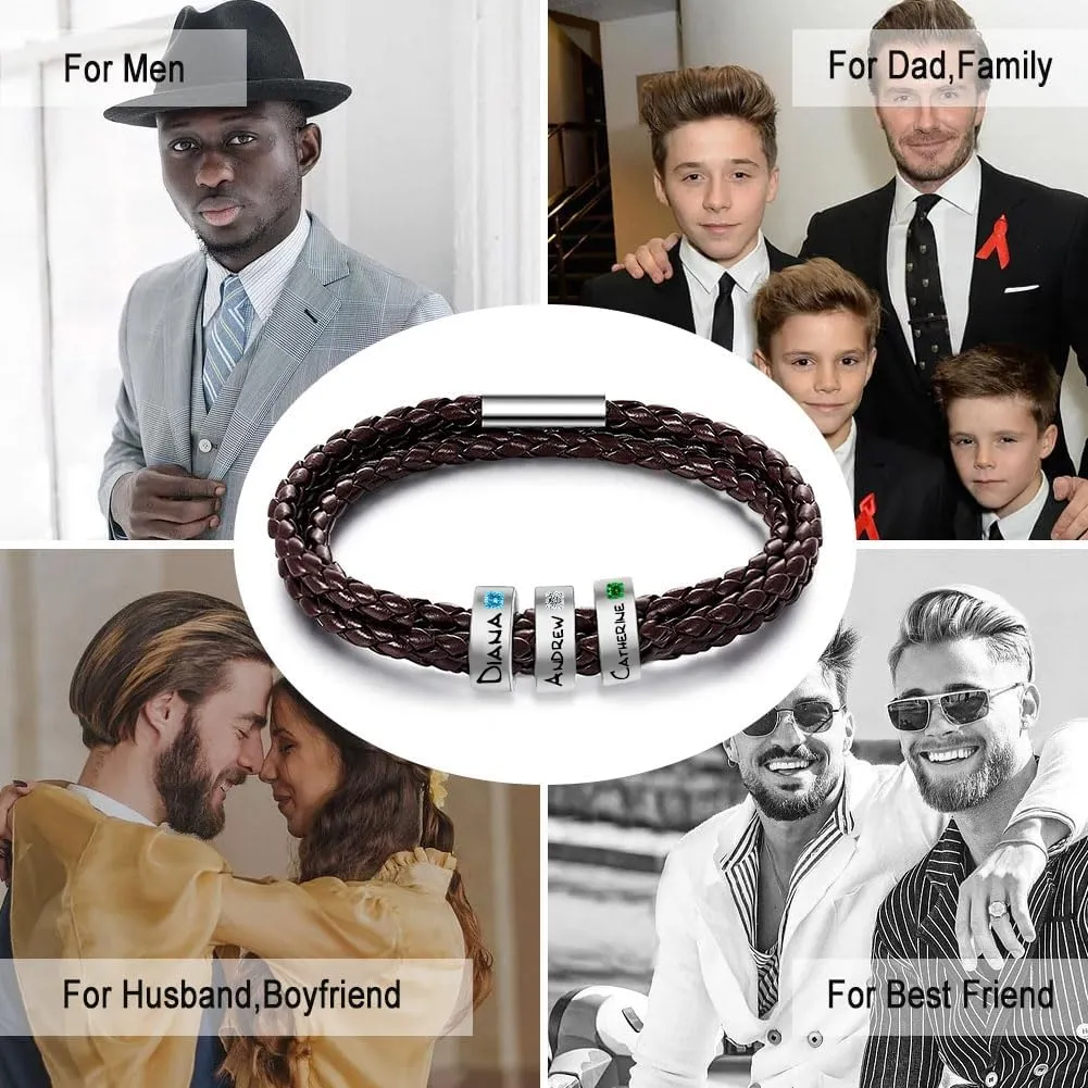 Novgarden Fathers Day Dad Bracelet Custom Leather Bracelet with Kids Names & Beads Personalized Mens Engraved Bracelets Gifts for Father's Day, Valentines Day, Anniversary from Daughter Son