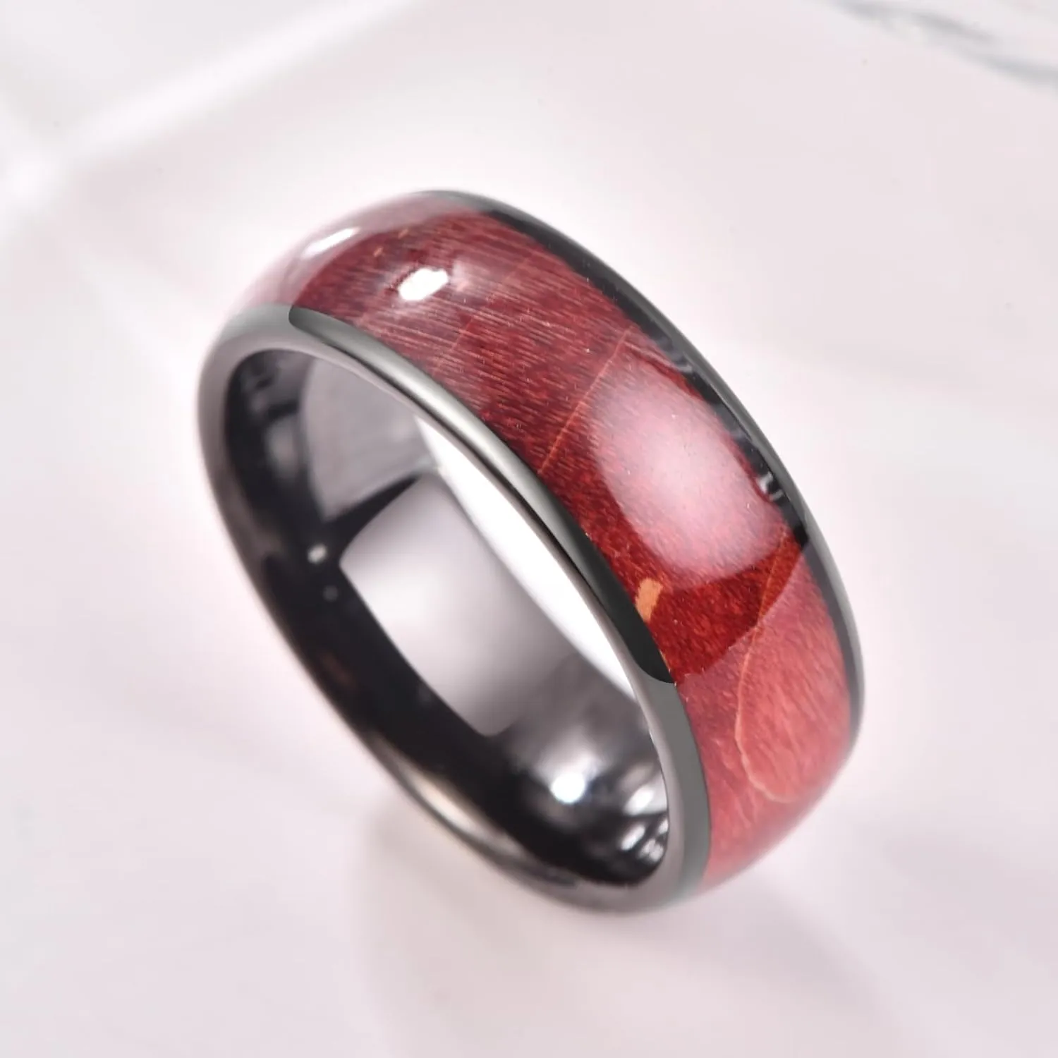 NUNCAD Black Tungsten Rings for Men Red Burl Wood Inlay 8mm Tungsten Engagement Wedding Band Polished Domed Comfort Fit Size 7-12